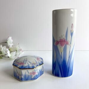 VTG Porcelain Ceramic Vase & Lidded Dish Kozan Gama Otagiri Japan Iris Floral